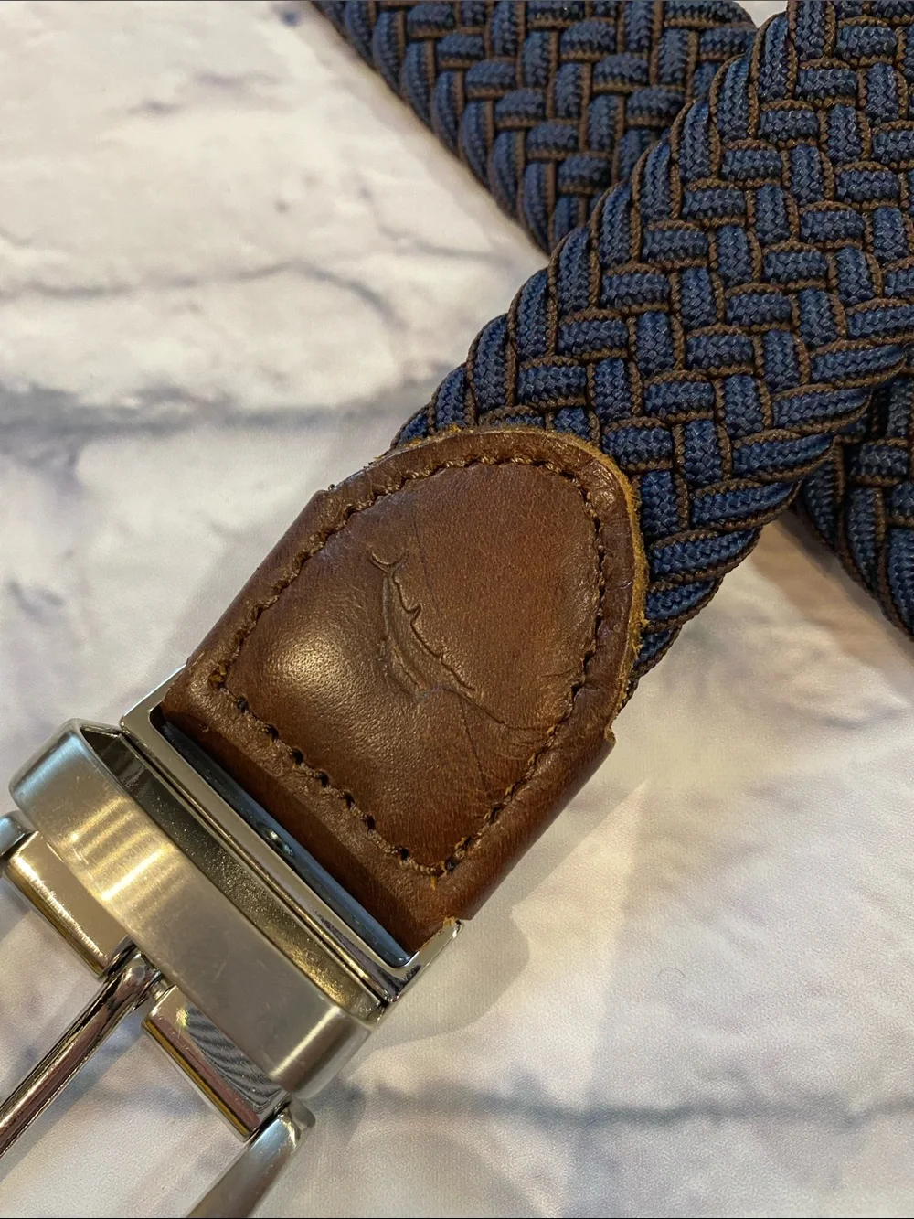 Tommy Bahama Braided Stretch Belt L/XL Leather Trim Blue & Brown
